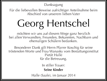Traueranzeige von Georg Hentschel von Mitteldeutsche Zeitung Halle/Saalkreis