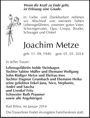 Traueranzeige von Joachim Metze von Mitteldeutsche Zeitung Naumburg/Nebra