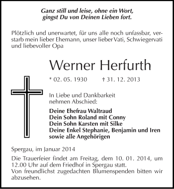 Traueranzeige von Werner Herfurth von Mitteldeutsche Zeitung Merseburg/Querfurt