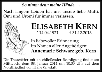 Traueranzeige von Elisabeth Kern von Mitteldeutsche Zeitung Halle/Saalkreis