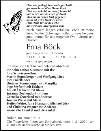 Traueranzeige von Erna Böck von Mitteldeutsche Zeitung Naumburg/Nebra