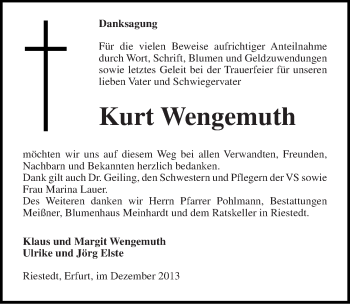 Traueranzeige von Kurt Wengemuth von Mitteldeutsche Zeitung Sangerhausen