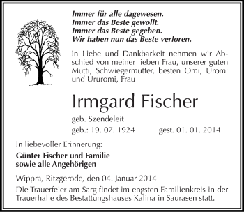 Traueranzeige von Irmgard Fischer von Mitteldeutsche Zeitung Mansfelder Land