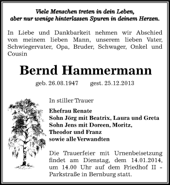 Traueranzeige von Bernd Hammermann von Mitteldeutsche Zeitung Bernburg