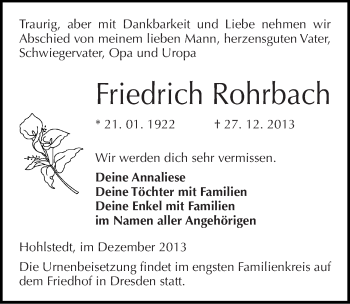 Traueranzeige von Friedrich Rohrbach von Mitteldeutsche Zeitung Sangerhausen