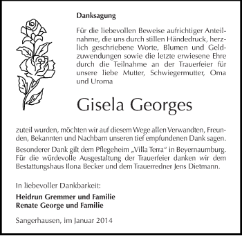 Traueranzeige von Gisela Georges von Mitteldeutsche Zeitung Sangerhausen