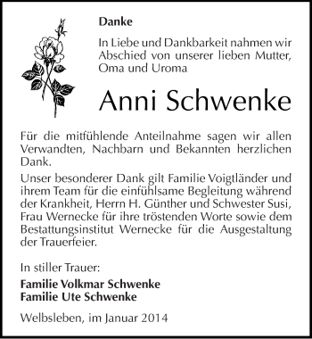 Traueranzeige von Anni Schwenke von Mitteldeutsche Zeitung Mansfelder Land