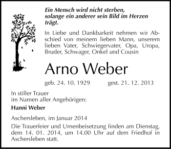 Traueranzeige von Arno Weber von Mitteldeutsche Zeitung Aschersleben