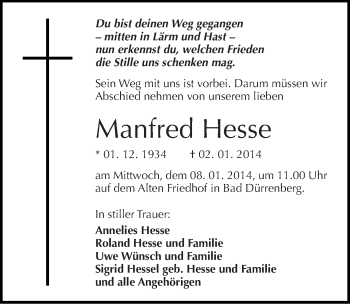 Traueranzeige von Manfred Hesse von Mitteldeutsche Zeitung Merseburg/Querfurt