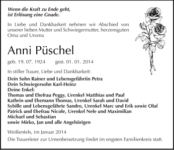 Traueranzeige von Anni Püschel von Mitteldeutsche Zeitung Weißenfels