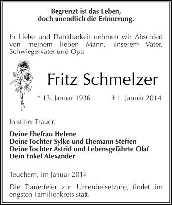 Traueranzeige von Fritz Schmelzer von Mitteldeutsche Zeitung Weißenfels