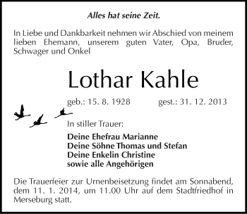 Traueranzeige von Lothar Kahle von Mitteldeutsche Zeitung Merseburg/Querfurt
