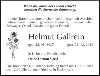 Traueranzeige von Helmut Gallrein von Mitteldeutsche Zeitung Halle/Saalkreis