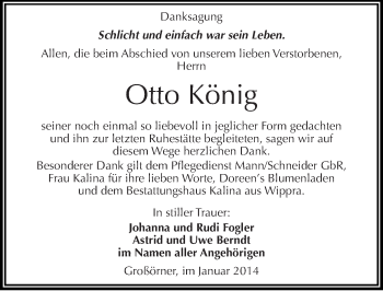 Traueranzeige von Otto König von Mitteldeutsche Zeitung Mansfelder Land