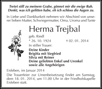 Traueranzeige von Herma Trejbal von Mitteldeutsche Zeitung Mansfelder Land