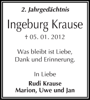 Traueranzeige von Ingeburg Krause von Mitteldeutsche Zeitung Dessau-Roßlau