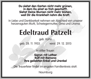Traueranzeige von Edeltraud Patzelt von Mitteldeutsche Zeitung Naumburg/Nebra
