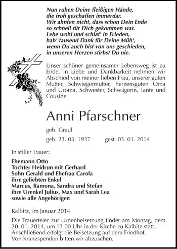 Traueranzeige von Anni Pfarschner von Mitteldeutsche Zeitung Naumburg/Nebra