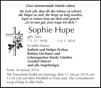 Traueranzeige von Sophie Hupe von Mitteldeutsche Zeitung Aschersleben