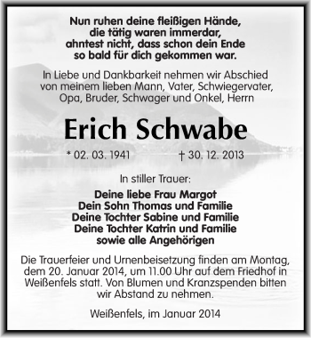Traueranzeige von Erich Schwabe von Mitteldeutsche Zeitung Weißenfels