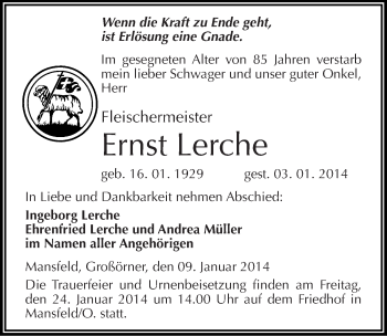 Traueranzeige von Ernst Lerche von Mitteldeutsche Zeitung Mansfelder Land
