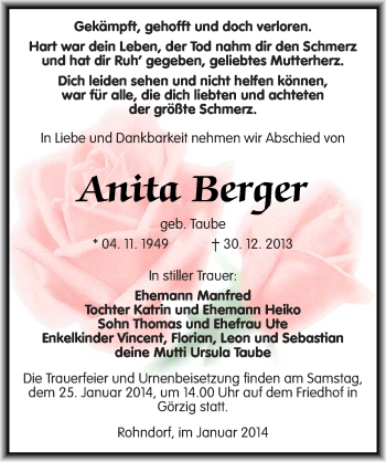 Traueranzeige von Anita Berger von Mitteldeutsche Zeitung Köthen