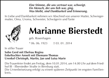 Traueranzeige von Marianne Bierstedt von Mitteldeutsche Zeitung Bernburg