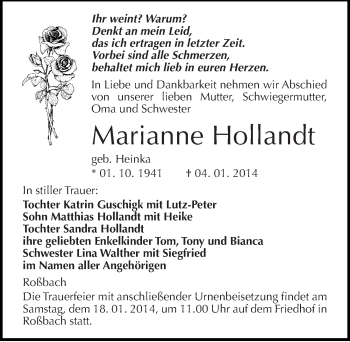 Traueranzeige von Marianne Hollandt von Mitteldeutsche Zeitung Naumburg/Nebra