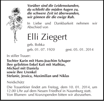 Traueranzeige von Elli Ziegert von Mitteldeutsche Zeitung Naumburg/Nebra