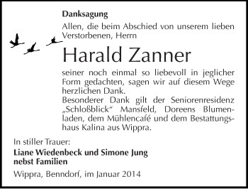 Traueranzeige von Harald Zanner von Mitteldeutsche Zeitung Mansfelder Land