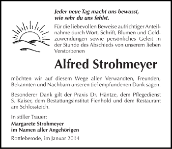Traueranzeige von Alfred Strohmeyer von Mitteldeutsche Zeitung Sangerhausen