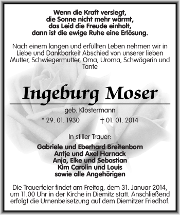 Traueranzeige von Ingeburg Moser von Mitteldeutsche Zeitung Halle/Saalkreis