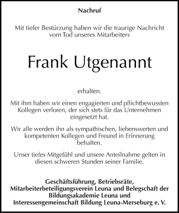 Traueranzeige von Frank Utgenannt von Mitteldeutsche Zeitung