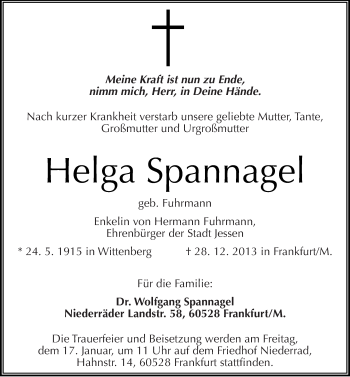 Traueranzeige von Helga Spannagel von Mitteldeutsche Zeitung Wittenberg