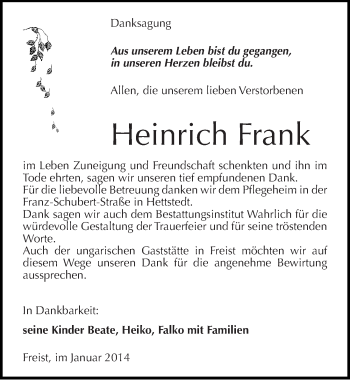 Traueranzeige von Heinrich Frank von Mitteldeutsche Zeitung Mansfelder Land