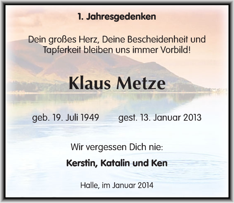  Traueranzeige für Klaus Metze vom 13.01.2014 aus Mitteldeutsche Zeitung