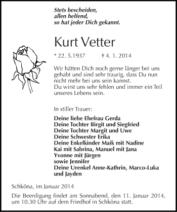 Traueranzeige von Kurt Vetter von Mitteldeutsche Zeitung Wittenberg