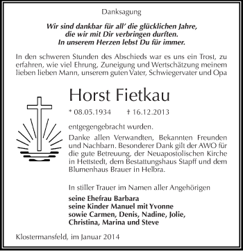Traueranzeige von Horst Fietkau von Mitteldeutsche Zeitung Mansfelder Land
