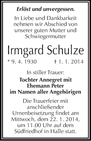 Traueranzeige von Irmgard Schulze von Mitteldeutsche Zeitung Halle/Saalkreis