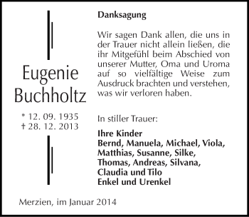 Traueranzeige von Eugenie Buchholtz von Mitteldeutsche Zeitung Köthen