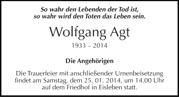 Traueranzeige von Wolfgang Agt von Mitteldeutsche Zeitung Mansfelder Land