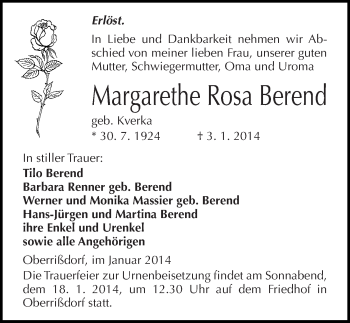 Traueranzeige von Margarethe Rosa Berend von Mitteldeutsche Zeitung Mansfelder Land