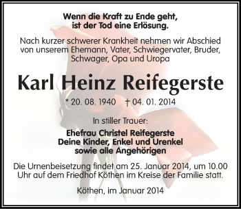 Traueranzeige von Karl Heinz Reifegerste von Mitteldeutsche Zeitung Köthen