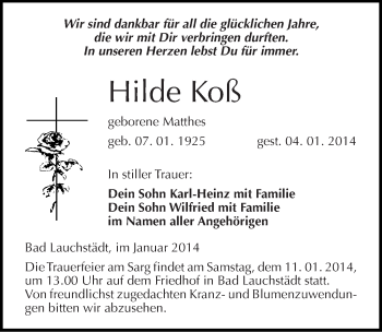 Traueranzeige von Hilde Koß von Mitteldeutsche Zeitung Merseburg/Querfurt