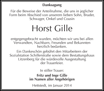 Traueranzeige von Horst Gille von Mitteldeutsche Zeitung Mansfelder Land