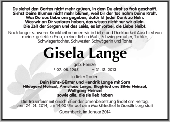 Traueranzeige von Gisela Lange von Mitteldeutsche Zeitung Quedlinburg