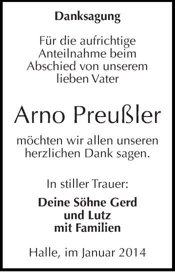 Traueranzeige von Arno Preußler von Mitteldeutsche Zeitung Halle/Saalkreis