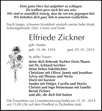 Traueranzeige von Elfriede Zickner von Mitteldeutsche Zeitung Halle/Saalkreis