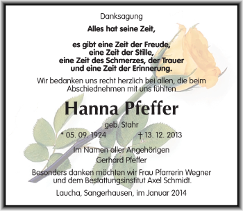 Traueranzeige von Hanna Pfeffer von Mitteldeutsche Zeitung Naumburg/Nebra