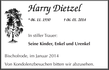 Traueranzeige von Harry Dietzel von Mitteldeutsche Zeitung Mansfelder Land